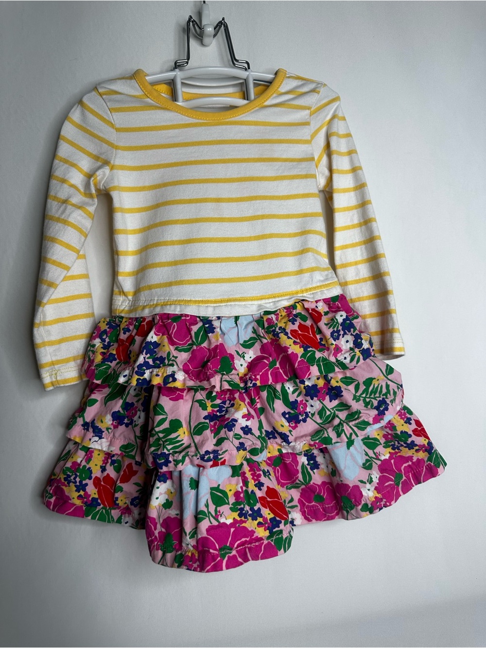 Hanna Andersson Yellow & White Stripe Top with Pink Floral Ruffle Skirt Set